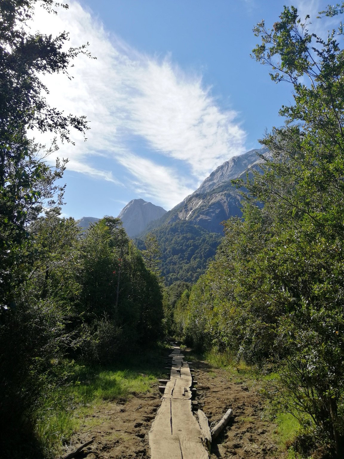 Inicio del sendero hacia el Valle Cochamó, con paredes de granito al fondo